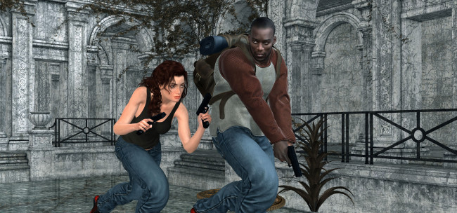 Обои картинки фото 3д графика, фантазия , fantasy, девушка, взгляд, фон, парень, оружие