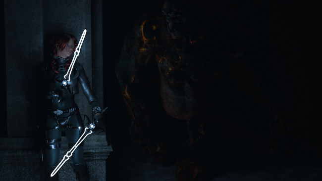 Обои картинки фото 3д графика, фантазия , fantasy, оружие, фон, взгляд, девушка