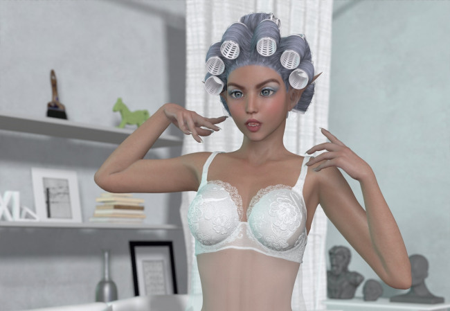 Обои картинки фото 3д графика, люди , people, бигуди, лифчик, фон, взгляд, девушка