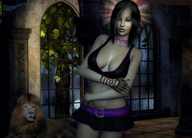 Обои картинки фото 3д графика, люди , people, фон, взгляд, девушка, лев