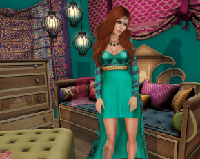 Картинка 3д+графика люди+ people взгляд интерьер рыжая фон девушка