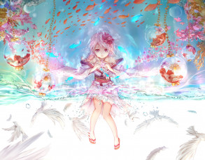 Картинка аниме животные +существа девочка рыбки голуби