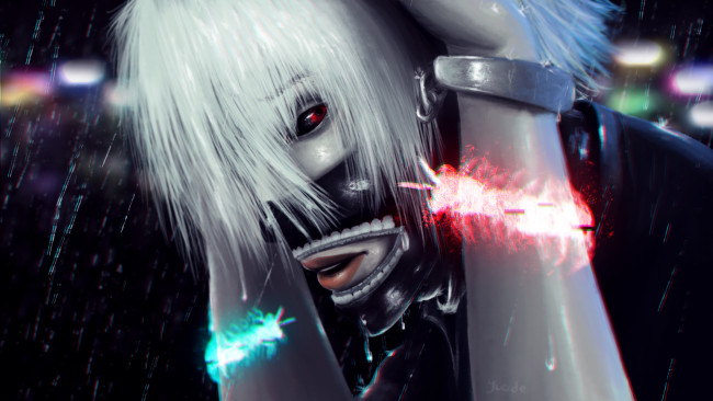 Обои картинки фото аниме, tokyo ghoul, yucide, арт, ночь, токийский, гуль, tokyo, ghoul, кен, канеки, дождь, монстр, мужчина, ken, kaneki