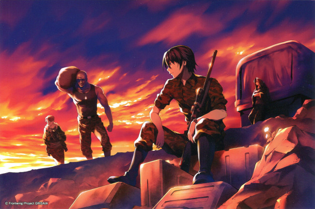 Обои картинки фото аниме, grisaia no kajitsu, art, fumio, grisaia, no, kajitsu, yuuji, kazami, парни, наемники, камуфляж, грузовик, закат, винтовка