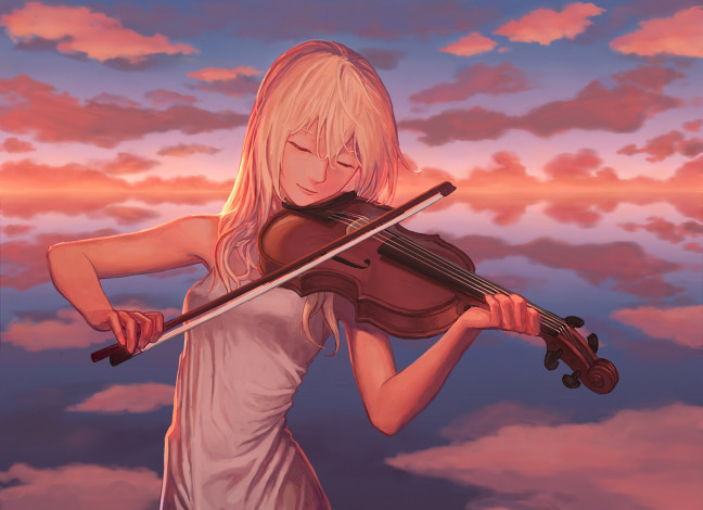 Обои картинки фото аниме, shigatsu wa kimi no uso, фон, взгляд, девушка