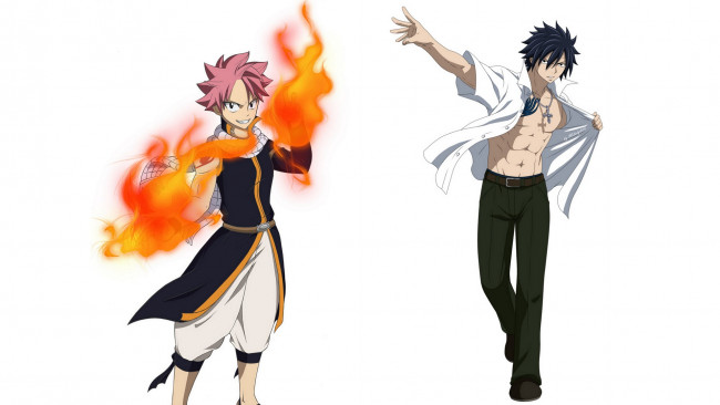 Обои картинки фото аниме, fairy tail, нацу, грей