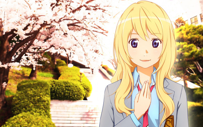 Обои картинки фото аниме, shigatsu wa kimi no uso, девушка, взгляд, фон