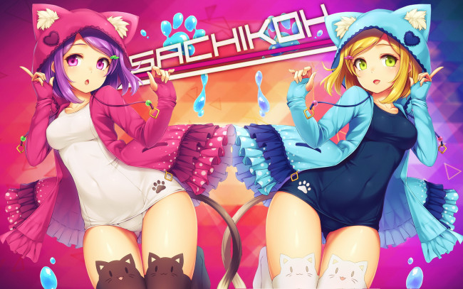 Обои картинки фото аниме, животные,  существа, фон, взгляд, девушки