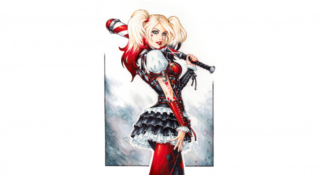 Обои картинки фото рисованное, комиксы, фон, девушка, бита, взгляд