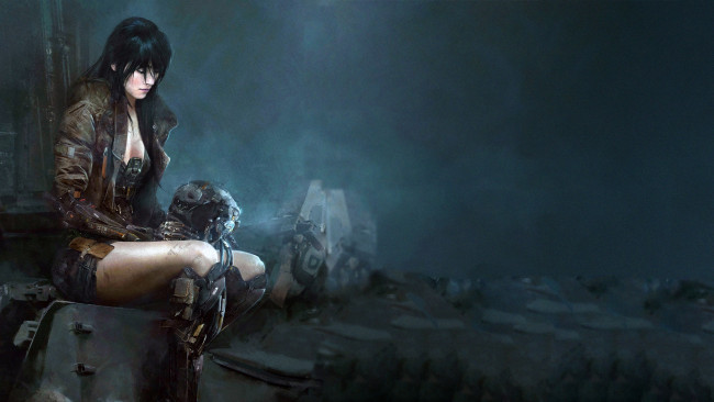 Обои картинки фото фэнтези, роботы,  киборги,  механизмы, woman, robot, digital, art, shorts, girl, cable, dark, cyberpunk, leather, jacket, cyborg, fantasy, artwork