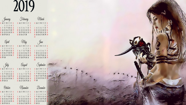 Обои картинки фото календари, фэнтези, узор, оружие, тату, девушка