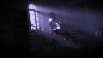 Картинка 3д+графика люди+и+животные+ people+and+animals девушка фон окно кот