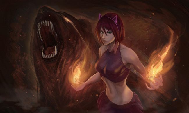 Обои картинки фото league of legends, видео игры, девушка, медведь, оскал, фон, взгляд, магия