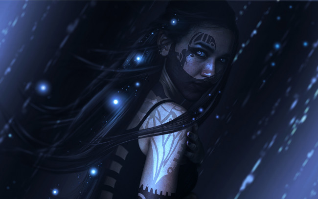 Обои картинки фото фэнтези, фотоарт, девушка, фон, взгляд, тату