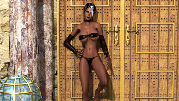 Картинка 3д+графика люди+ people девушка фон взгляд дверь купальник
