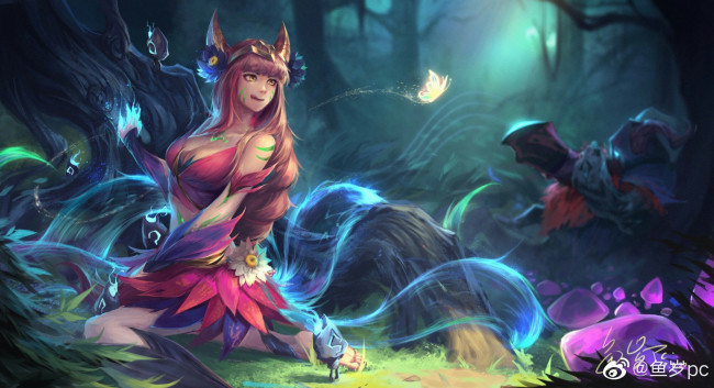 Обои картинки фото видео игры, league of legends, хвосты, лепестки, существа, лес, ahri