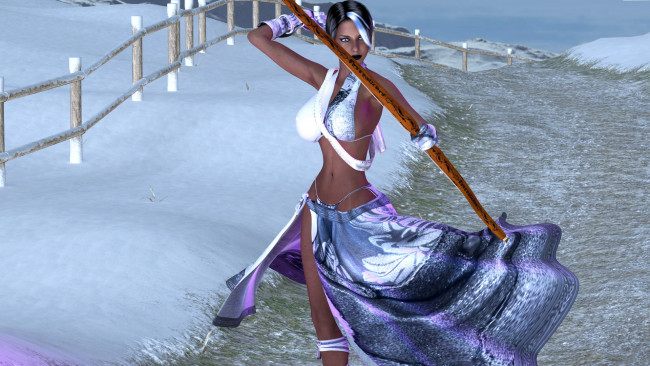 Обои картинки фото 3д графика, амазонки , amazon, девушка, фон, лук, юбка, снег