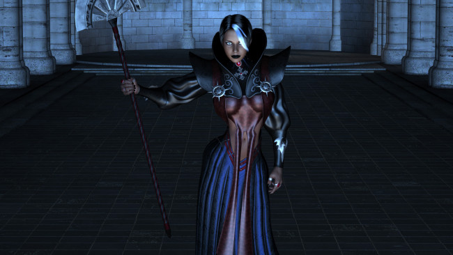 Обои картинки фото 3д графика, фантазия , fantasy, девушка, фон, взгляд, платье, посох