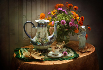 Картинка еда кофе +кофейные+зёрна букет кофейник статуэтка