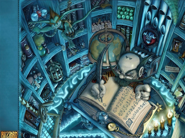 Обои картинки фото видео игры, world of warcraft, ученый, книга, полки, гоблин
