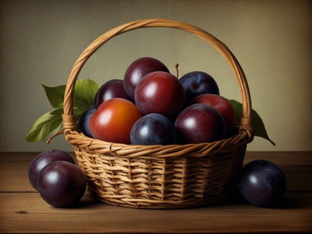 Обои картинки фото еда, персики,  сливы,  абрикосы, корзинка, сливы, спелые
