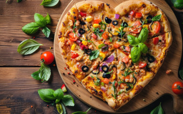 Картинка еда пицца базилик помидоры маслины