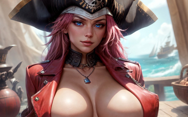 Обои картинки фото фэнтези, девушки, девушка, пиратка, шляпа, декольте, куртка, корабль, море