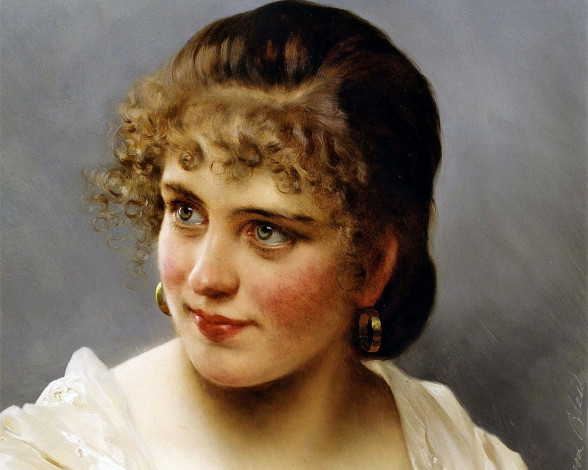 Обои картинки фото эжен, де, блаас, незнакомка, рисованные, eugene, de, blaas, кудри, лицо, девушка, улыбка