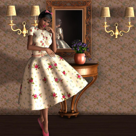 Обои картинки фото 3д, графика, people, люди, зеркало, charming, девушка, цветы