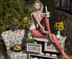 Картинка 3д графика people люди лимоны кошка подсолнухи девушка