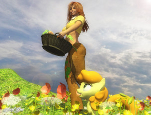 Картинка 3д+графика люди+ people девушка взгляд цветы корзина пони