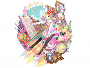 Картинка аниме -headphones+&+instrumental белый фон девушка телефон наушники глобус шкатулка ваза цветы листы улица небо