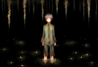 обоя аниме, shinsekai yori, арт, ryaku-ko, парень, вода, лепестки, растение