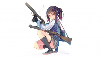 Картинка аниме -weapon +blood+&+technology арт девушка белый фон оружие