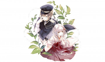 Картинка аниме *unknown+ другое белый фон арт растения листья девушка парень