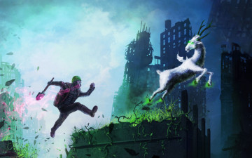 Картинка фэнтези существа прыжок растения руины романтика апокалипсиса арт лопата существо человек