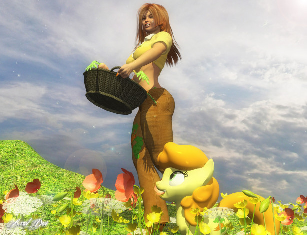 Обои картинки фото 3д графика, люди , people, девушка, взгляд, цветы, корзина, пони