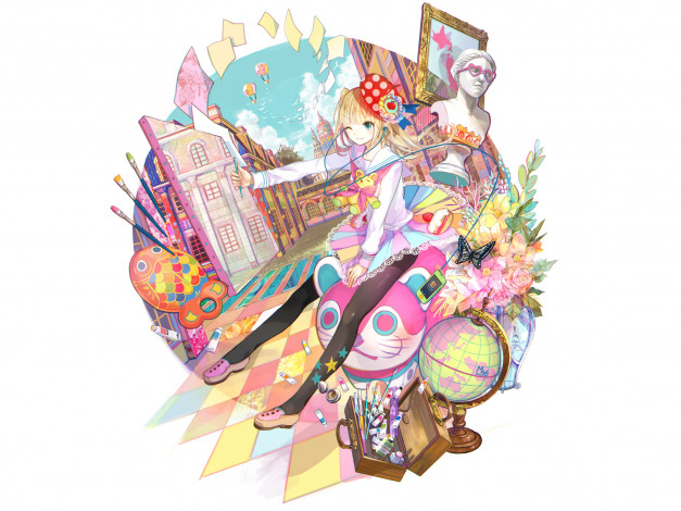 Обои картинки фото аниме, -headphones & instrumental, белый, фон, девушка, телефон, наушники, глобус, шкатулка, ваза, цветы, листы, улица, небо