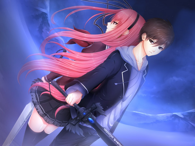 Обои картинки фото holy knight, аниме, -weapon,  blood & technology, holy, knight, меч, оружие, злость, взгляд, mizumura, shinta, парень, kishimoto, lilith, девушка, fukufuku, art