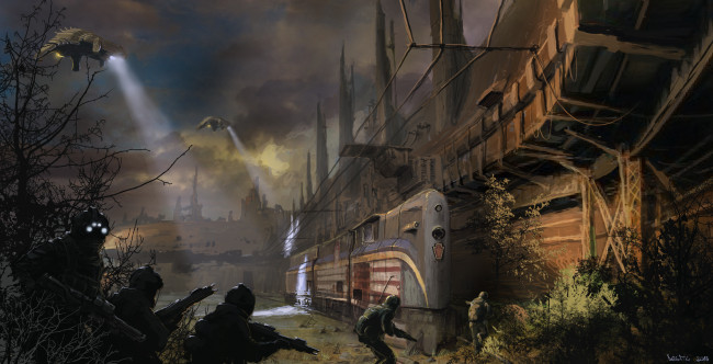 Обои картинки фото фэнтези, люди, ночная, отряд, солдаты, будущее, иной, мир, атака