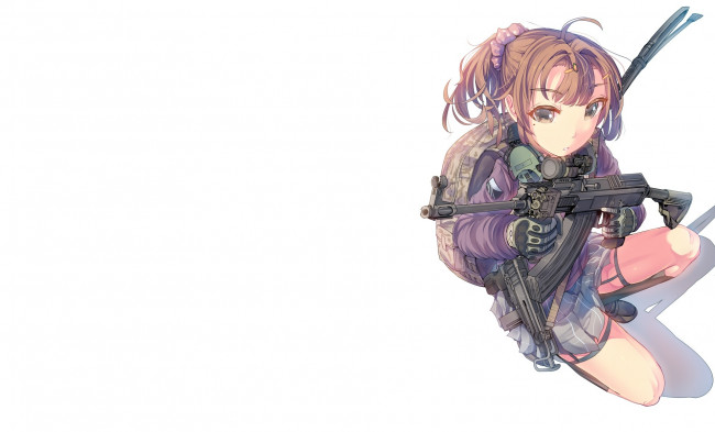 Обои картинки фото аниме, -weapon,  blood & technology, девушка, оружие, белый, фон