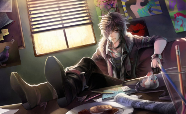 Обои картинки фото аниме, *unknown , другое, комната, карандаши, браслет, печенье, газета, очки, стол, парень, synnimaru, арт