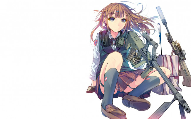 Обои картинки фото аниме, -weapon,  blood & technology, девушка, оружие, белый, фон