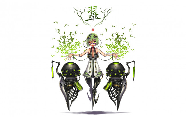 Обои картинки фото аниме, -weapon,  blood & technology, зелёные, волосы, белый, фон, робот