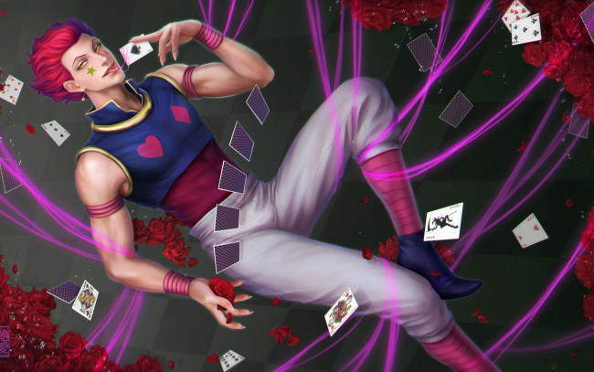 Обои картинки фото hunter x hunter, аниме, *unknown , другое, магия, розы, лепестки, цветы, hunter, x, карты, улыбка, взгляд, hisoka, парень, zetsuai89, art