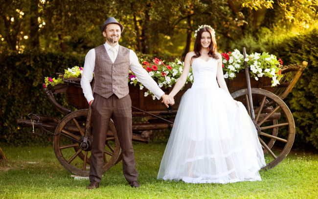 Обои картинки фото разное, мужчина женщина, телега, цветы, карета, парень, девушка