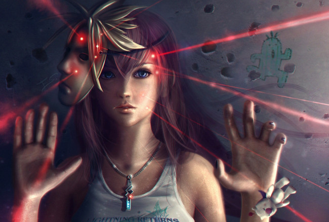 Обои картинки фото final fantasy vii, фэнтези, девушки, фан-арт, лучи, final, fantasy, vii, рисунок, девочка, девушка, мишка, кулон, маска