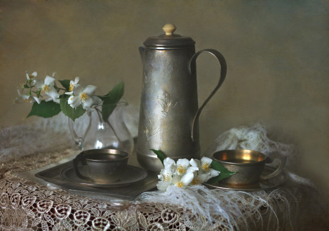 Обои картинки фото цветы, жасмин, натюрморт, кувшин