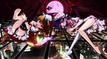 Картинка аниме touhou улицы город крылья свет фонарь ilis remilia scarlet кулон платье бант шляпа браслет демон девушки крыша flandre луна полнолуние хвост здания