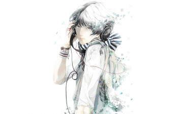 Картинка аниме музыка браслеты шарф слезы наушники парень